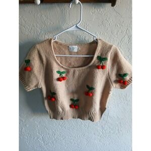 NWT Women's Luna Ivy Beige 3D Cherry Cropped Sweater Short Sleeves Size S/M